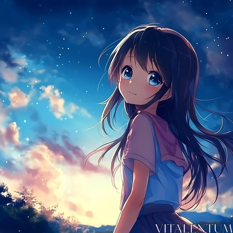 Starry Sky Anime Girl AI Image