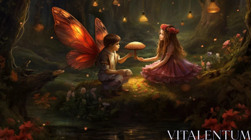 Fairy Boy and Girl in Forest: A Whimsical Night Scene AI Image
