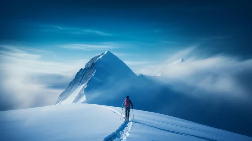 Surreal Mountain Landscape with Solo Female Skier