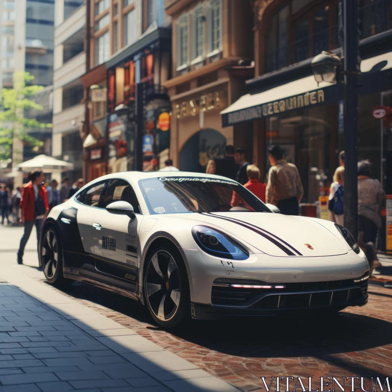 White Porsche in a Futuristic Victorian City Street AI Image