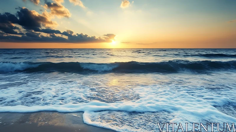 Seascape at Dusk: Waves and Golden Sky AI Image