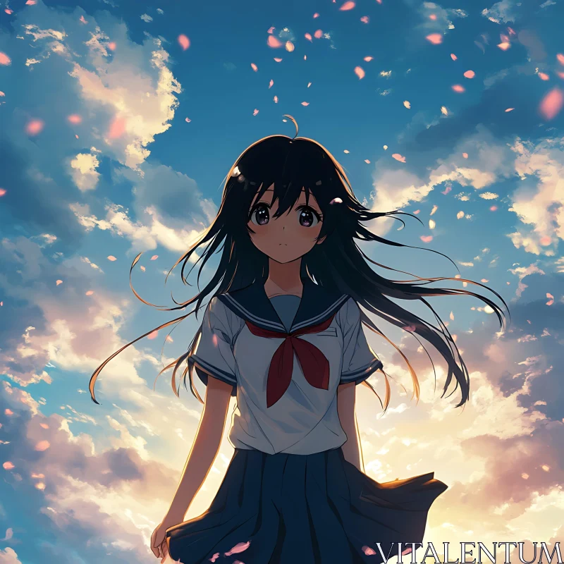 Sunset Anime Scene with Girl and Petals AI Image