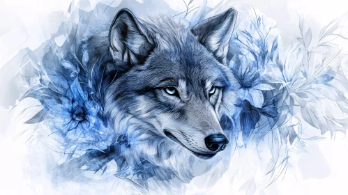 Blue Wolf and Flowers