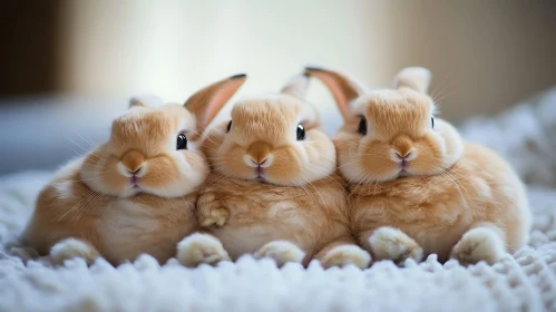 Three Cute Rabbits on White Blanket