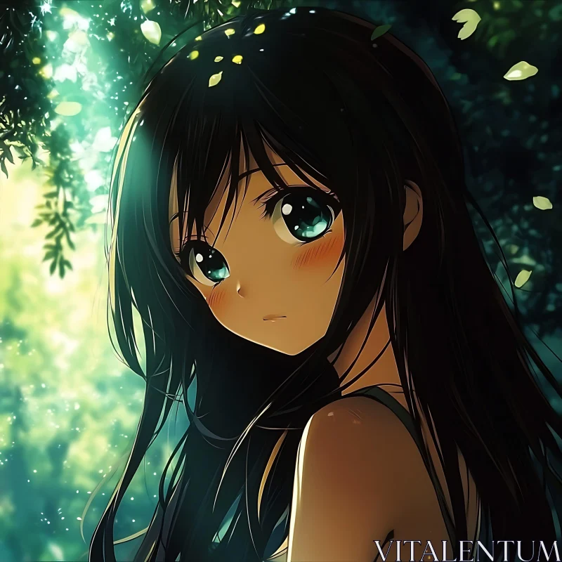 Forest Anime Girl with Expressive Eyes AI Image