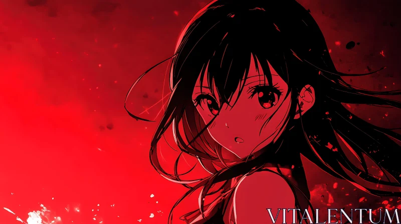 Intense Anime Girl in Red-Infused Setting AI Image