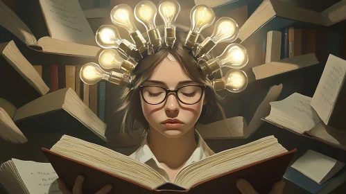 Girl with Light Bulbs and Books
