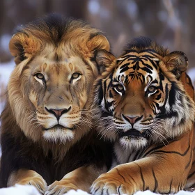 Portrait of Lion and Tiger in Winter