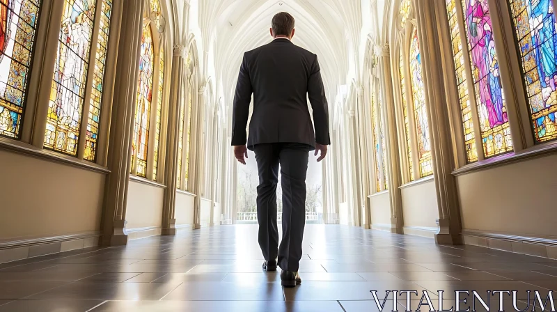 AI ART Man Walking in Stained Glass Hallway