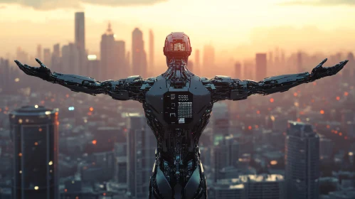 Modern Cyborg in Sunset Cityscape