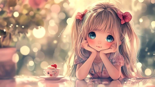 Cute Anime Girl with Blonde Hair and Pink Bows