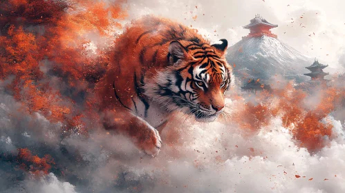 Tiger Leaping Through Clouds Painting