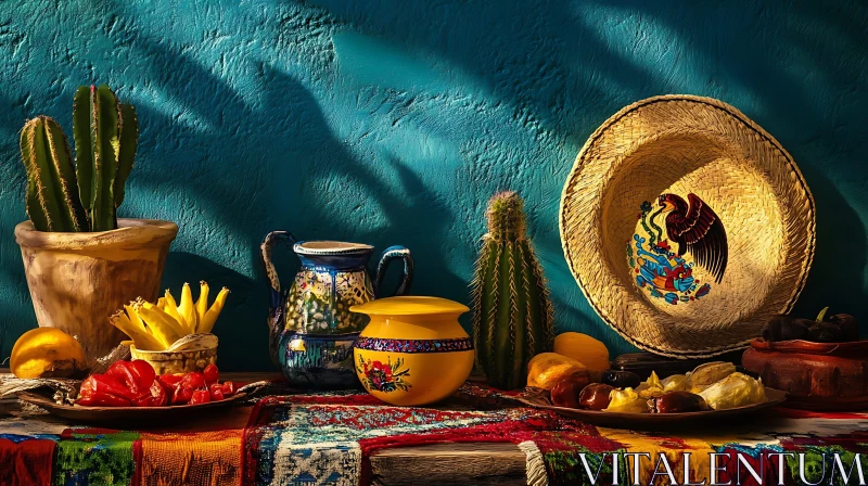 Vibrant Still Life Painting with Cultural Elements AI Image