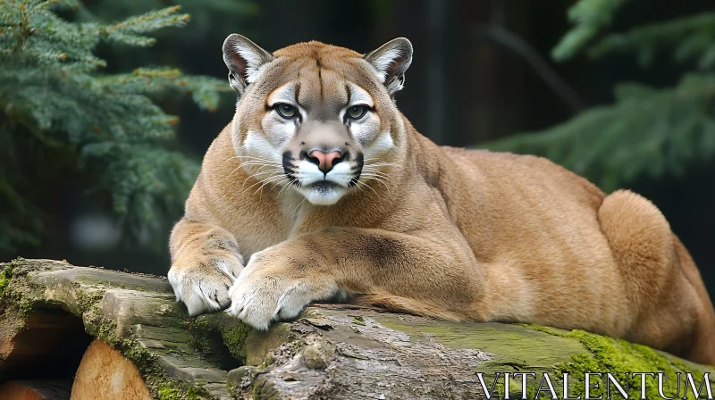 Mountain Lion Resting on Mossy Log AI Image