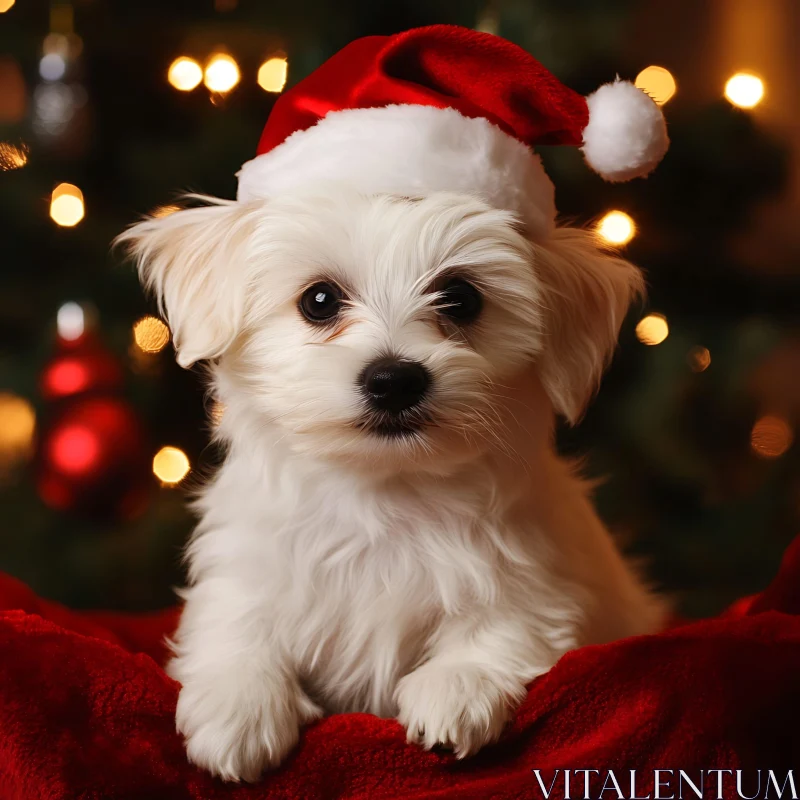 Festive White Puppy with Santa Hat in Holiday Setting AI Image