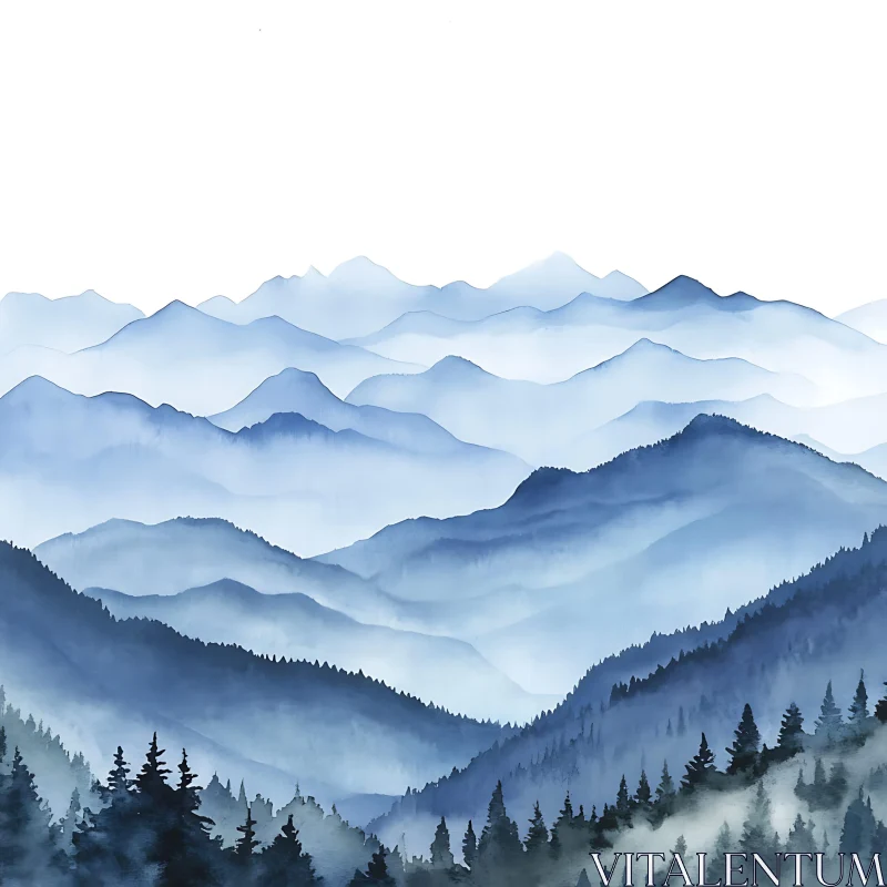 AI ART Misty Blue Mountain Forest View