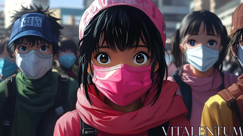 Masked Anime Characters in Urban Setting AI Image