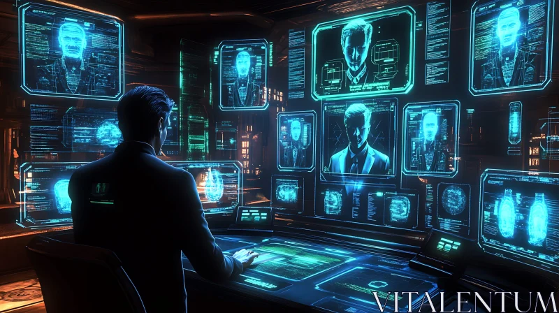 Man in Cyberpunk Tech Control Center AI Image