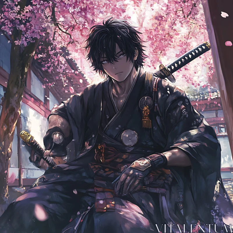 Stoic Samurai with Katana Amid Blossoming Trees AI Image