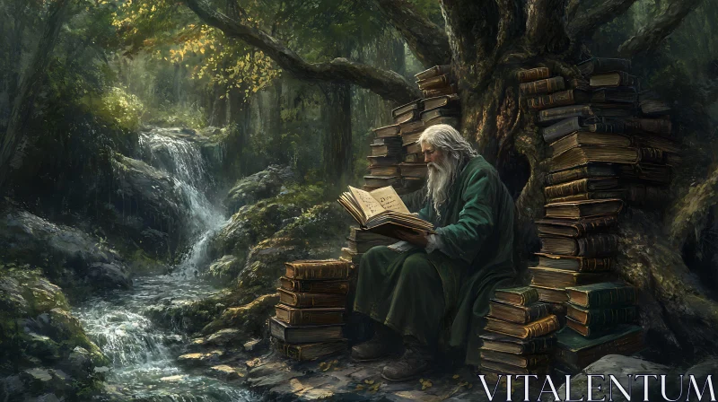 Serene Forest Scene with Bookish Old Man AI Image