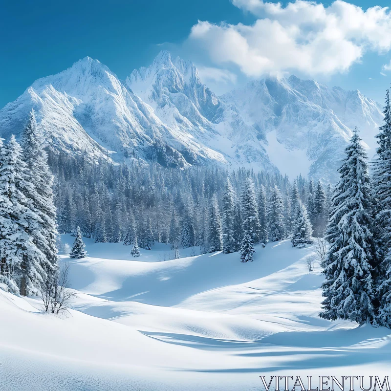 AI ART Snowy Peaks and Evergreen Forest