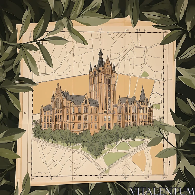 AI ART Grand Castle Architectural Plan on Classic Map Surrounded by Leaves