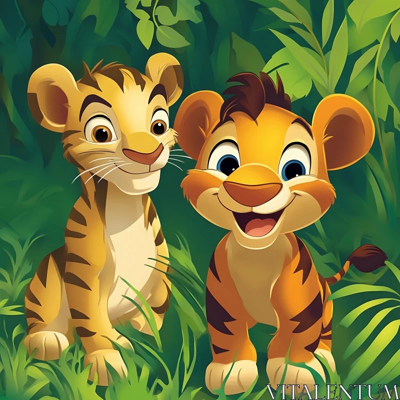 AI ART Cartoon Tiger Cubs in Greenery