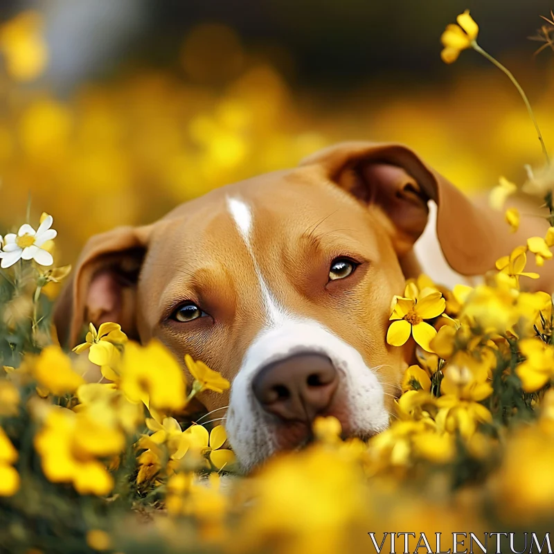 Calm Canine in Blooming Field AI Image