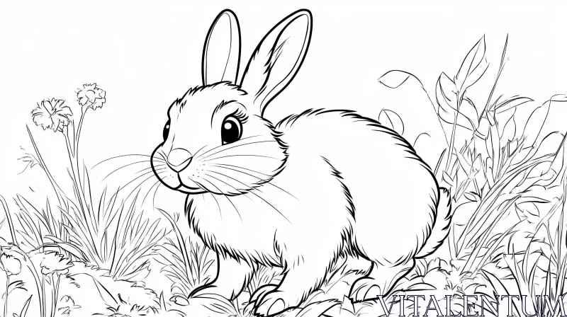 Monochrome Rabbit Sketch in Floral Field AI Image