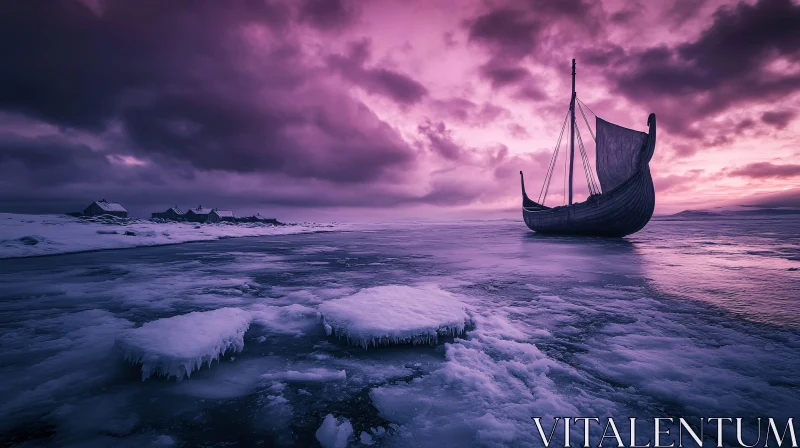 Frozen Viking Longship Under Purple Sky AI Image