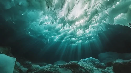 Underwater Ice Cave with Sun Rays