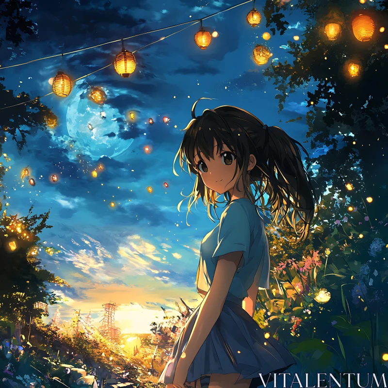 Anime Girl in a Tranquil Night Landscape AI Image