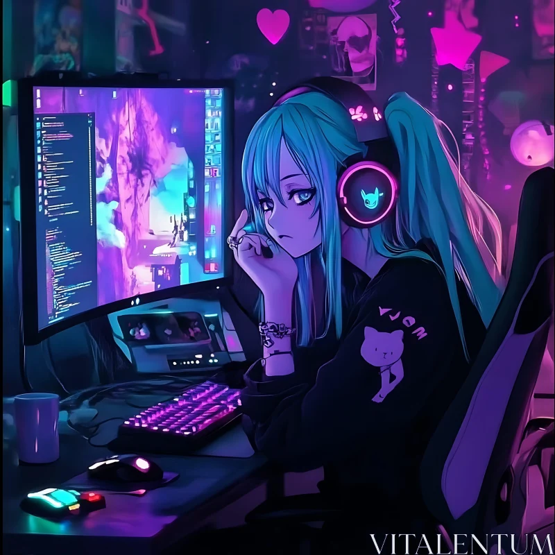 Blue-Haired Anime Girl at Gamer Setup AI Image