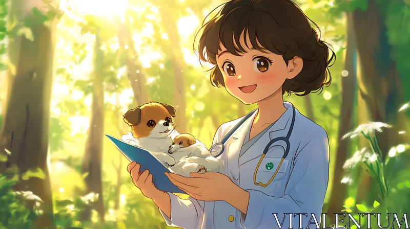 Veterinarian and Puppies in Sunlit Forest AI Image