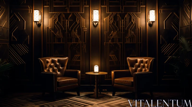 AI ART Art Deco Inspired Interior: Leather Chairs and Lamps in Nightscapes