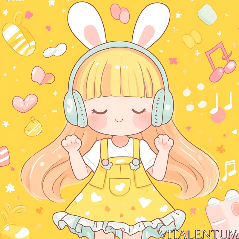 Cute Anime Girl Listening to Music AI Image