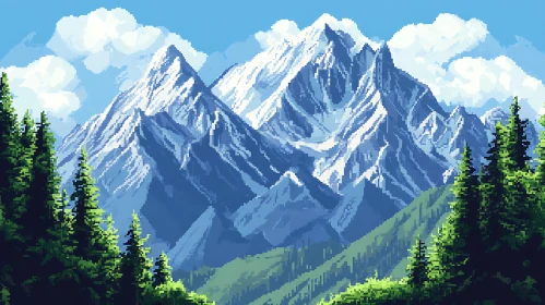 Snowy Peaks and Green Trees Pixel