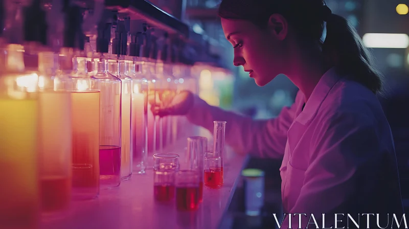 Woman Scientist Analyzing Colorful Solutions AI Image
