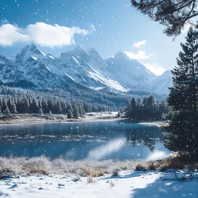 Snowy Peaks Reflecting on Lake