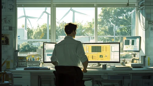 Office Scene with Engineer and Wind Turbines