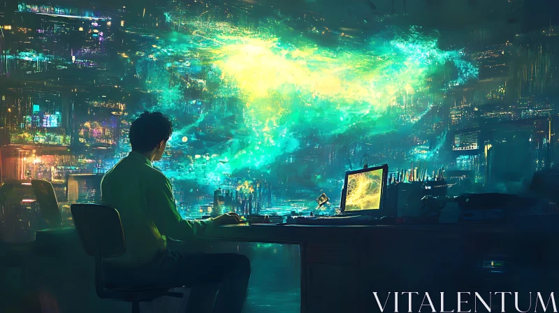 Man at Desk with Neon City View AI Image