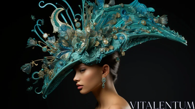 Exotic and Elegant: Intricately Decorated Teal Hat AI Image