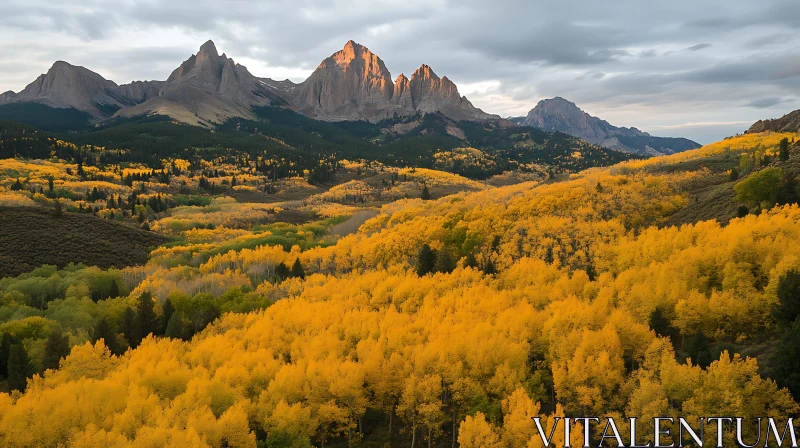 AI ART Autumnal Mountain Landscape with Golden Trees