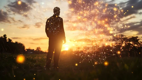 Man and Digital Network at Dusk