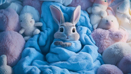 Snuggled Rabbit with Plush Companions