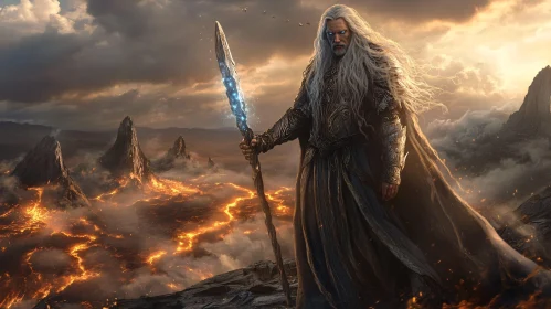 Mystical Wizard in Volcanic Landscape