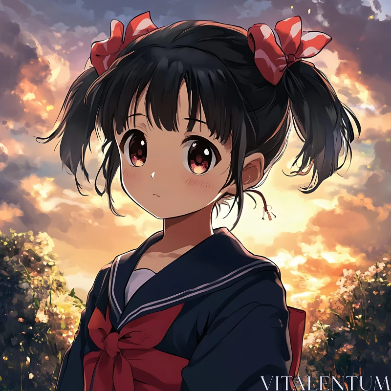 Beautiful Anime Girl in Uniform with Sunset Background AI Image