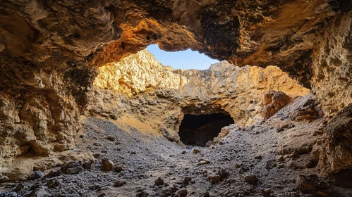 Sunlit Cave with Textured Rocks