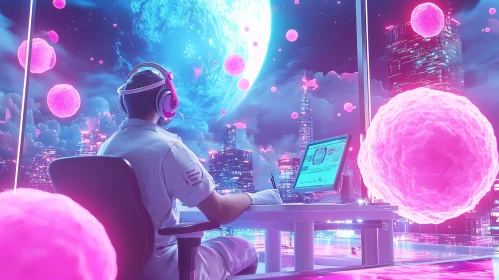 Neon Cityscape, Futuristic Workspace