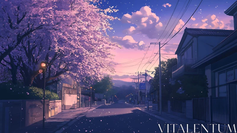 Serene Twilight Japanese Street with Blooming Cherry Blossoms AI Image